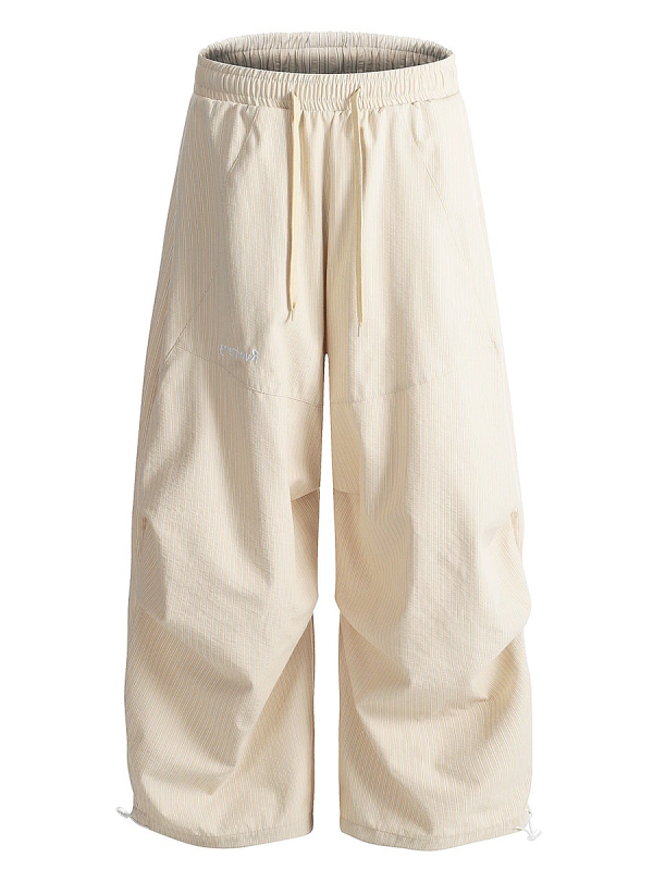 Vintage American-Style Loose-Fitting Wide-Leg Work Pants for Women, Striped Casual Sports Pants with Elastic Waist and Slimming Drape