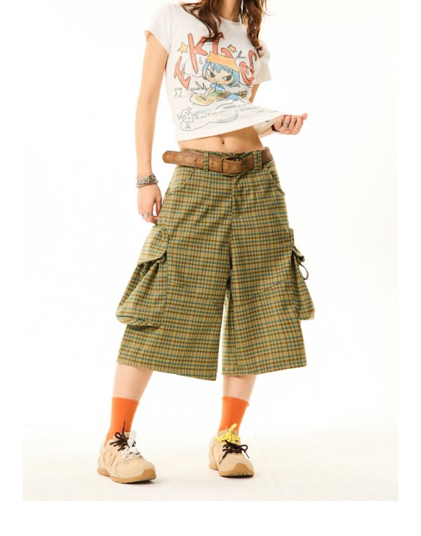 Vintage American-Style Plaid Capri Pants for Women, Wide-Leg Workwear Shorts, Casual Versatile 90s Inspired Fashion