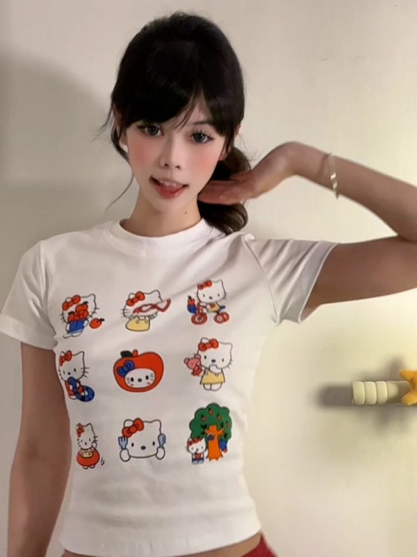 Vintage American Summer Kitty Cat Print Short-Sleeve Women's Fitted Top â€“ Cute Round Neck Tee for a Sweet, Cool Look