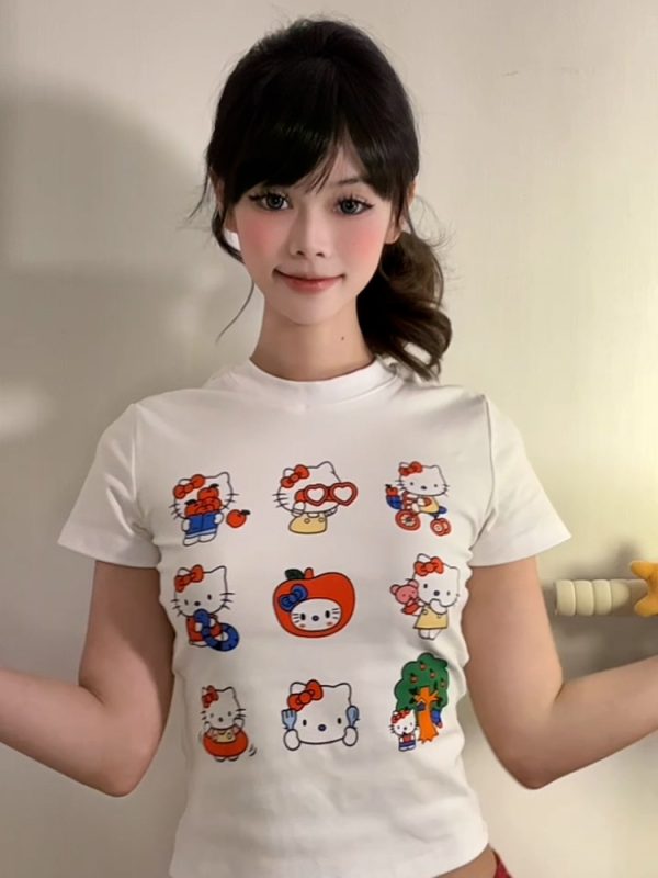 Vintage American Summer Kitty Cat Print Short-Sleeve Women's Fitted Top â€“ Cute Round Neck Tee for a Sweet, Cool Look