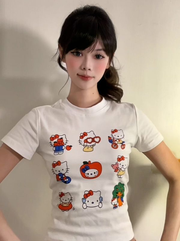 Vintage American Summer Kitty Cat Print Short-Sleeve Women's Fitted Top â€“ Cute Round Neck Tee for a Sweet, Cool Look