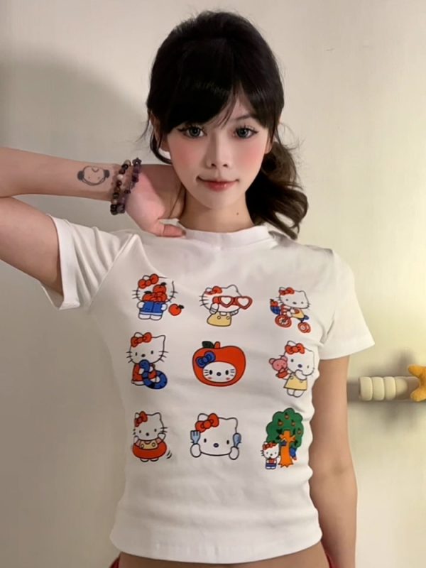 Vintage American Summer Kitty Cat Print Short-Sleeve Women's Fitted Top â€“ Cute Round Neck Tee for a Sweet, Cool Look