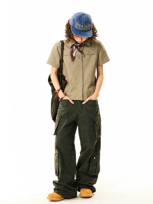 Vintage American Workwear Short Sleeve Shirt for Women - Summer Waist-Defining Slim Fit Versatile Top