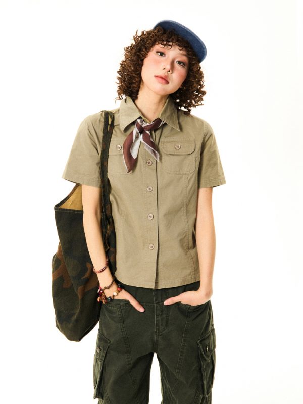 Vintage American Workwear Short Sleeve Shirt for Women - Summer Waist-Defining Slim Fit Versatile Top