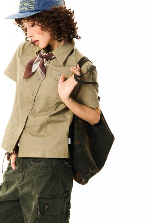 Vintage American Workwear Short Sleeve Shirt for Women - Summer Waist-Defining Slim Fit Versatile Top