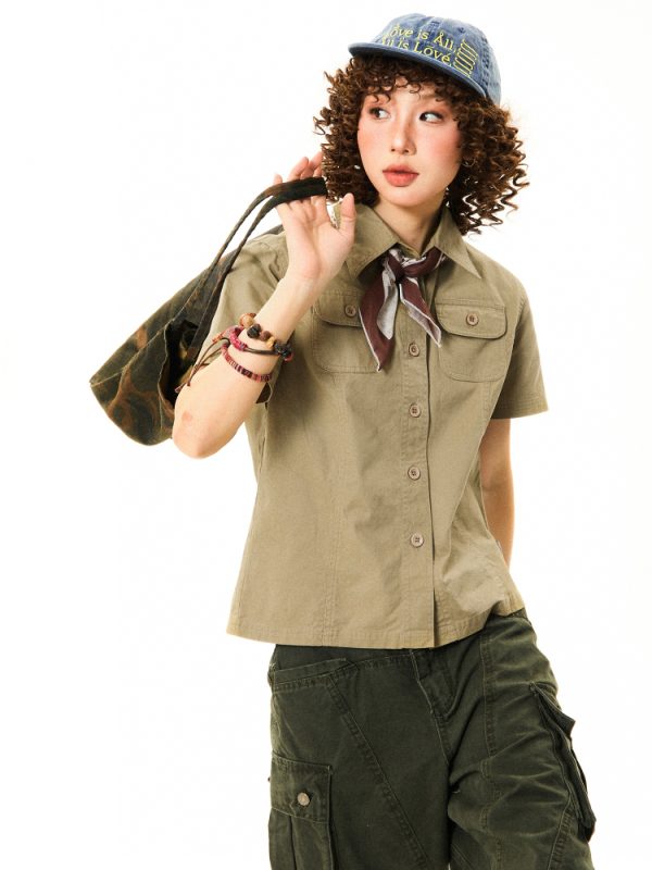 Vintage American Workwear Short Sleeve Shirt for Women - Summer Waist-Defining Slim Fit Versatile Top