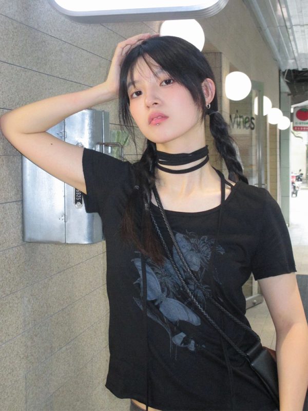 Vintage Black Butterfly Print Tie-Up Cotton T-Shirt for Women - Slim Fit Short Sleeve Summer Top in Sweet and Spicy Style