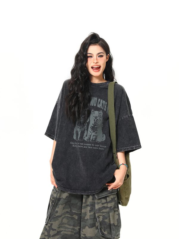 Vintage Black Cat Printed Short Sleeve T-Shirt for Women - Loose Wash-Distressed Summer Tee, Trendy 90s Couple Style