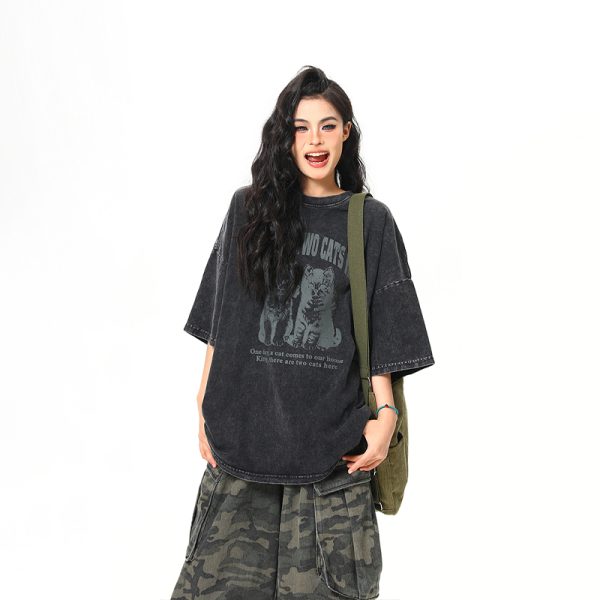 Vintage Black Cat Printed Short Sleeve T-Shirt for Women - Loose Wash-Distressed Summer Tee, Trendy 90s Couple Style