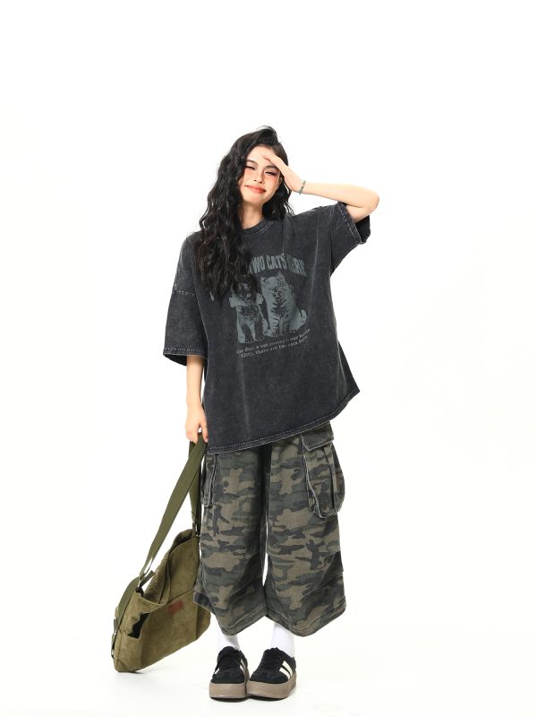Vintage Black Cat Printed Short Sleeve T-Shirt for Women - Loose Wash-Distressed Summer Tee, Trendy 90s Couple Style