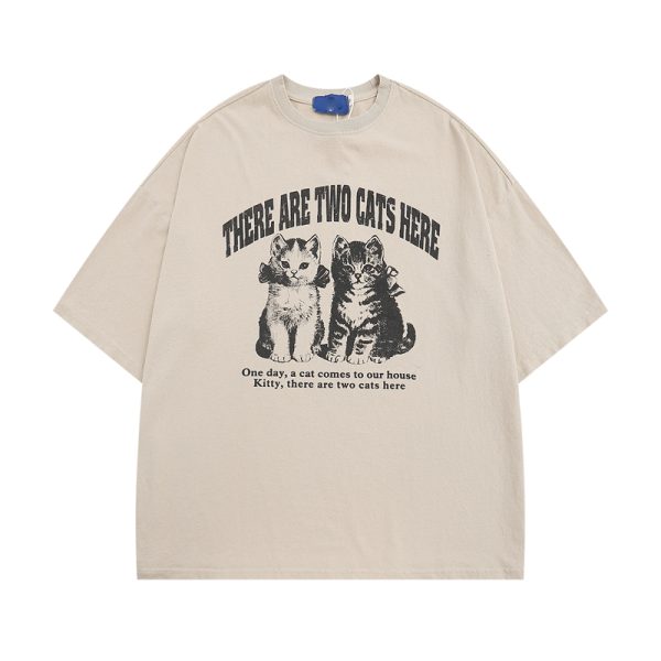 Vintage Black Cat Printed Short Sleeve T-Shirt for Women - Loose Wash-Distressed Summer Tee, Trendy 90s Couple Style