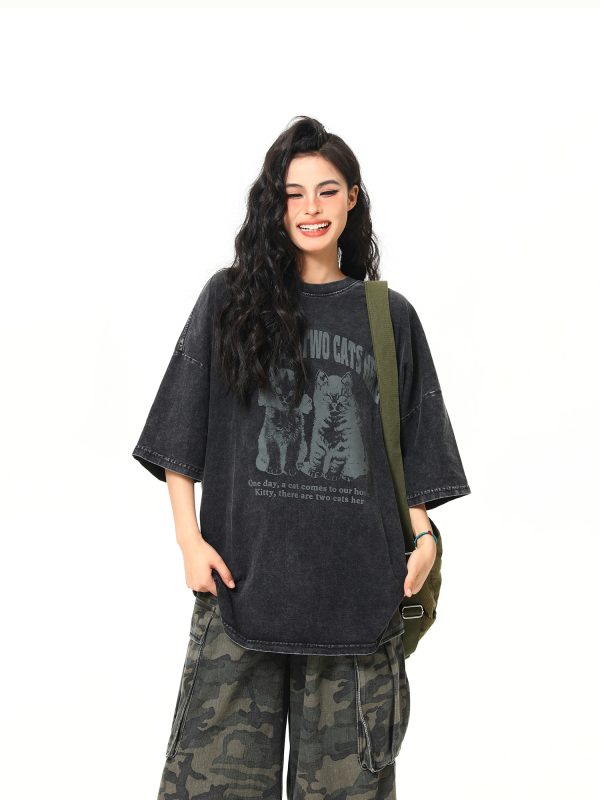 Vintage Black Cat Printed Short Sleeve T-Shirt for Women - Loose Wash-Distressed Summer Tee, Trendy 90s Couple Style