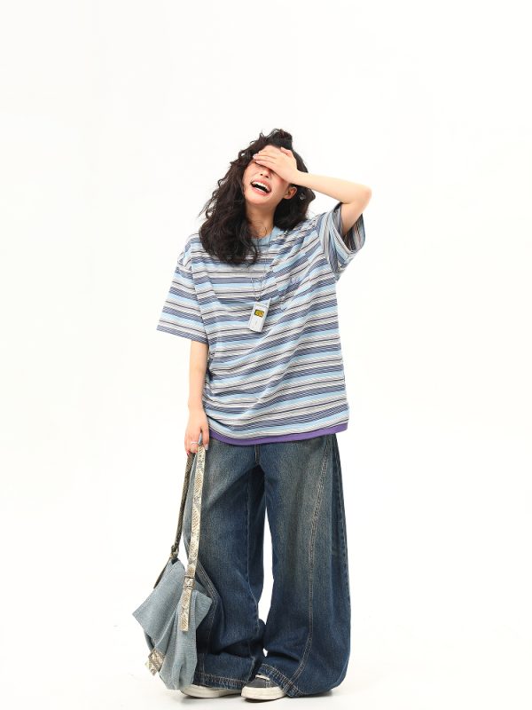 Vintage Blue Striped Short Sleeve T-Shirt for Women - Loose Fit Summer Top - High-End American Style Fashion