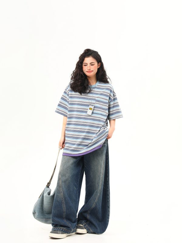 Vintage Blue Striped Short Sleeve T-Shirt for Women - Loose Fit Summer Top - High-End American Style Fashion
