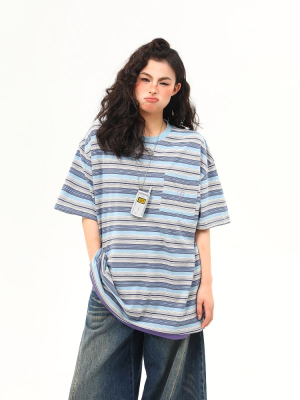 Vintage Blue Striped Short Sleeve T-Shirt for Women - Loose Fit Summer Top - High-End American Style Fashion
