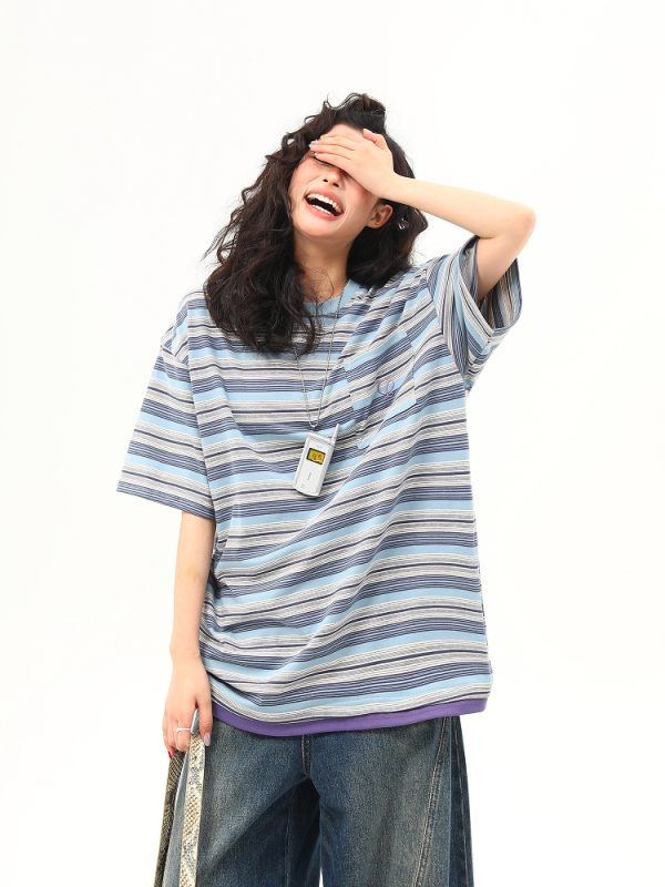 Vintage Blue Striped Short Sleeve T-Shirt for Women - Loose Fit Summer Top - High-End American Style Fashion