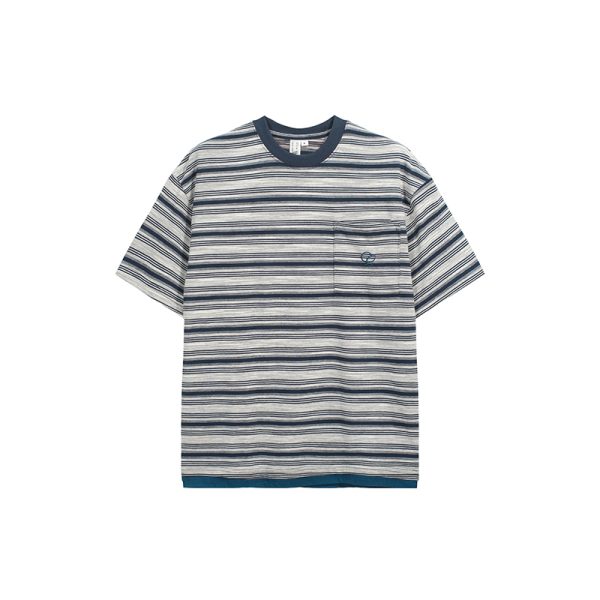 Vintage Blue Striped Short Sleeve T-Shirt for Women - Loose Fit Summer Top - High-End American Style Fashion