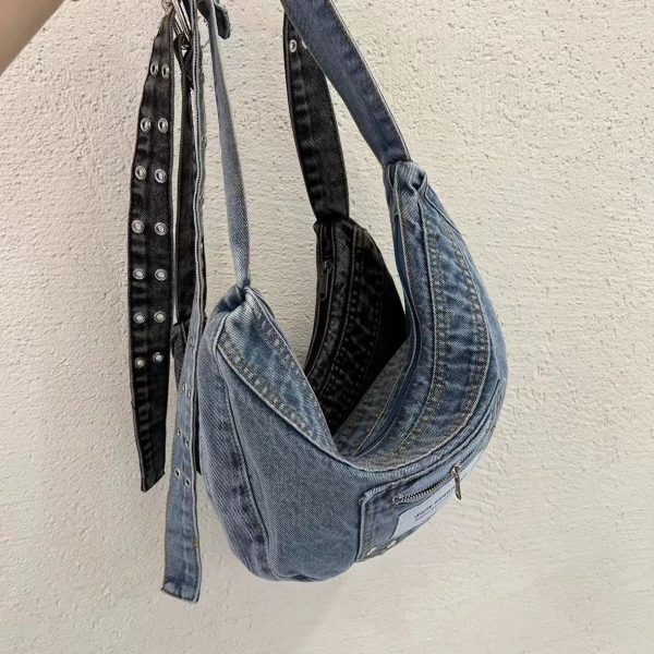 Vintage Blue Washed Denim Cowboy Half-Moon Dumpling Bag - Versatile Shoulder Crossbody Underarm Bag for Cool Y2K Style