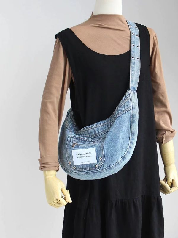 Vintage Blue Washed Denim Cowboy Half-Moon Dumpling Bag - Versatile Shoulder Crossbody Underarm Bag for Cool Y2K Style