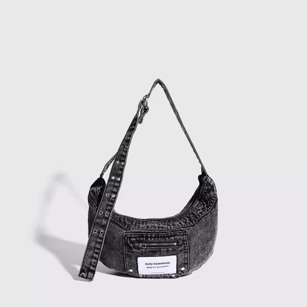 Vintage Blue Washed Denim Cowboy Half-Moon Dumpling Bag - Versatile Shoulder Crossbody Underarm Bag for Cool Y2K Style