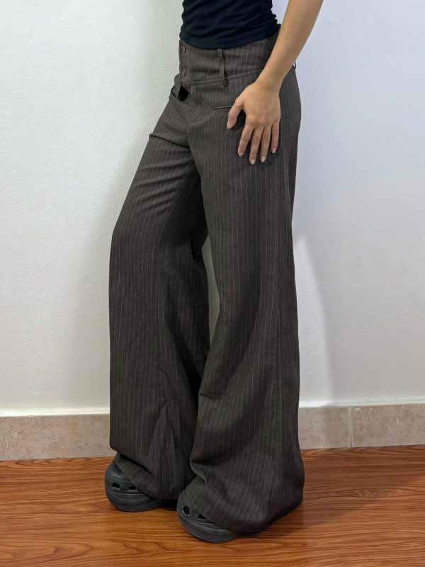 Vintage British Striped Asymmetrical Pocket Wide-Leg Pants for Women, Retro Loose Straight-Leg Trousers, Y2K Style