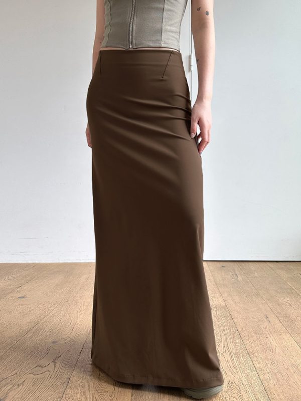 Vintage Brown Straight Retro Long Skirt for Women with Back Slit - Stylish Low Waist Design, Perfect for Y2K and 90s Fashion