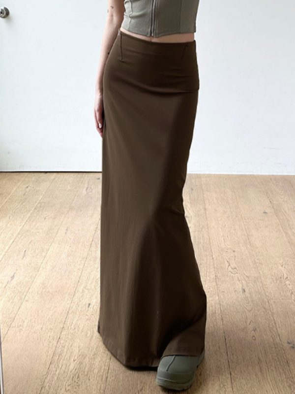 Vintage Brown Straight Retro Long Skirt for Women with Back Slit - Stylish Low Waist Design, Perfect for Y2K and 90s Fashion