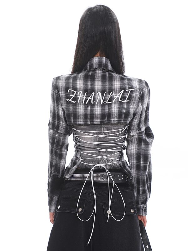 Vintage Brushed Plaid Backless Hollow-Out Short Sleeve Shirt with Detachable Straps - Y2K Fashion Trend