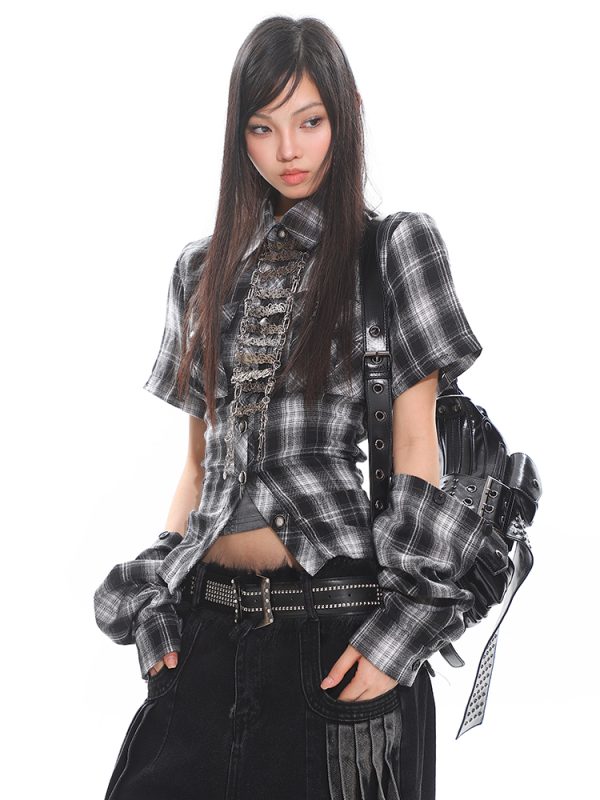 Vintage Brushed Plaid Backless Hollow-Out Short Sleeve Shirt with Detachable Straps - Y2K Fashion Trend