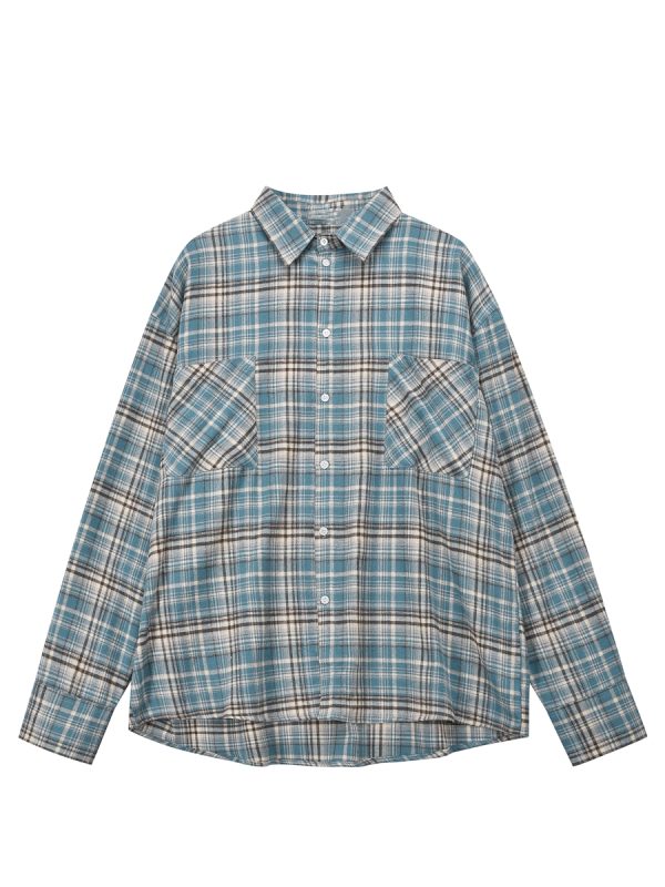 Vintage Brushed Plaid Long Sleeve Shirt for Men & Women, Pleated Pocket, Casual Couple's Jacket, Spring & Autumn Fashion