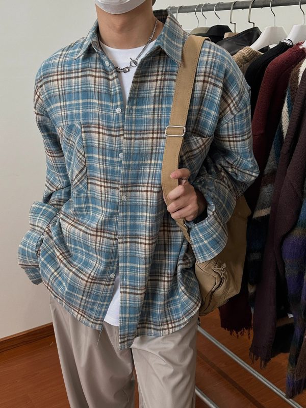 Vintage Brushed Plaid Long Sleeve Shirt for Men & Women, Pleated Pocket, Casual Couple's Jacket, Spring & Autumn Fashion