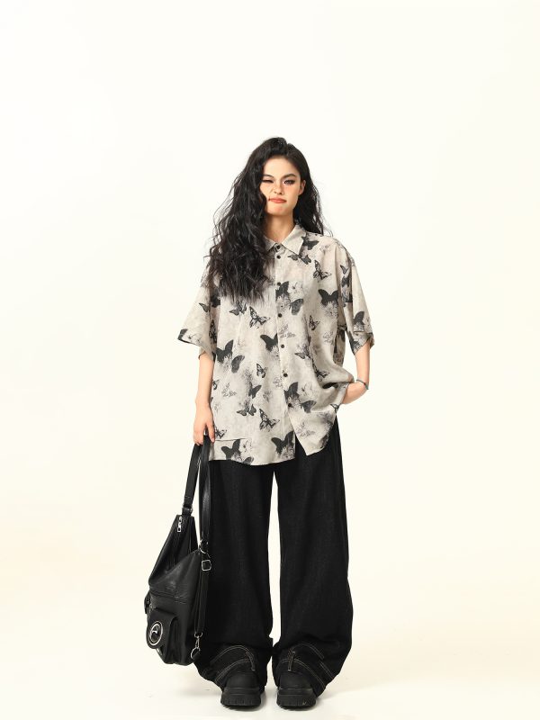 Vintage Butterfly Print Short Sleeve Shirt for Women - Retro American Style Summer Top, 90s Inspired Fashion