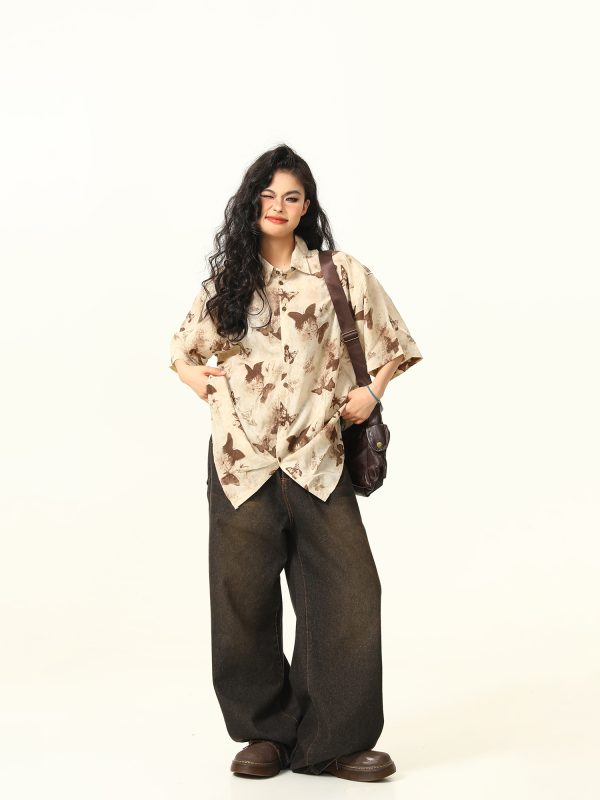 Vintage Butterfly Print Short Sleeve Shirt for Women - Retro American Style Summer Top, 90s Inspired Fashion