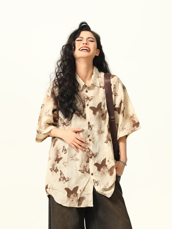 Vintage Butterfly Print Short Sleeve Shirt for Women - Retro American Style Summer Top, 90s Inspired Fashion