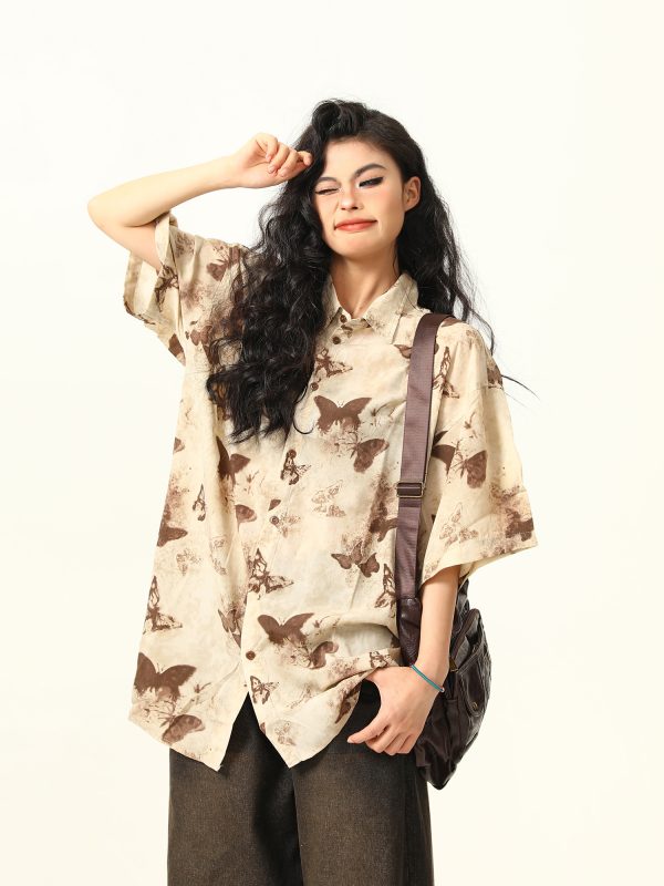 Vintage Butterfly Print Short Sleeve Shirt for Women - Retro American Style Summer Top, 90s Inspired Fashion