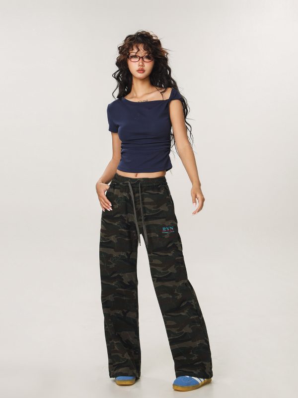Vintage Camouflage Casual Pants for Men and Women - Straight Loose Slightly Flared Wide-Leg Workwear Inspired by American Sports