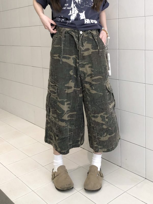 Vintage Camouflage Work Pants for Men & Women, Loose Straight-Leg Wide-Leg Trousers, 8/10 Length, Y2K Streetwear Style