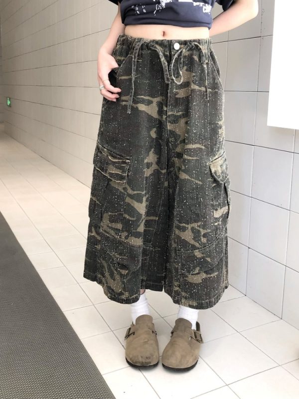 Vintage Camouflage Work Pants for Men & Women, Loose Straight-Leg Wide-Leg Trousers, 8/10 Length, Y2K Streetwear Style