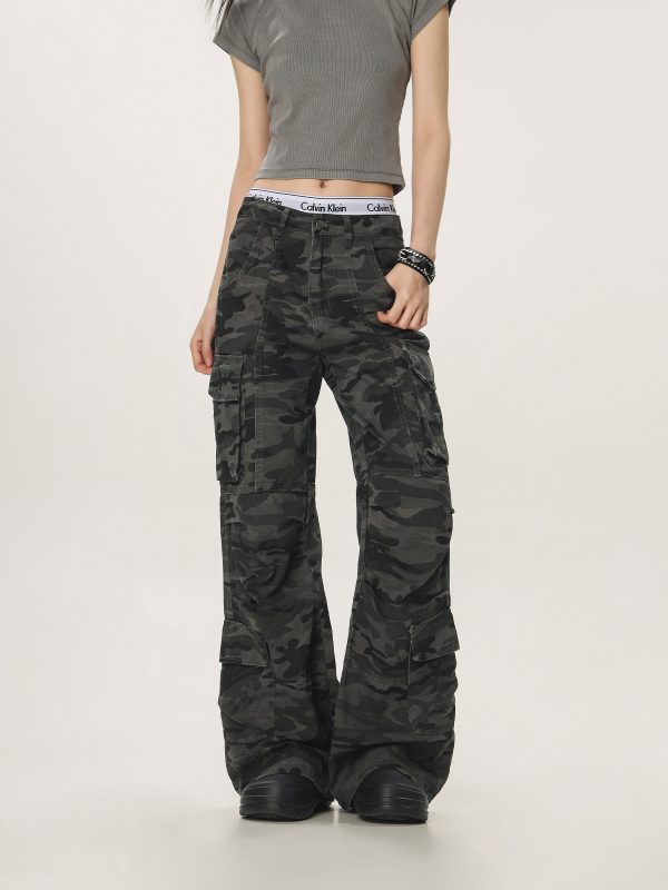 Vintage Camouflage Workwear Pants for Men and Women - Loose Straight Leg Flared Wide-Leg Casual Streetwear 90s Style