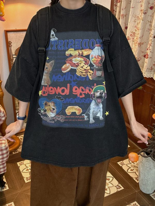 Vintage Cartoon Cat and Dog Print Half Sleeve T-Shirt for Women, Washed Distressed Loose Style, 90s Inspired Casual Top