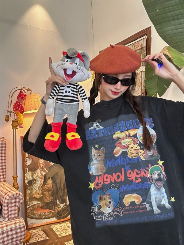 Vintage Cartoon Cat and Dog Print Half Sleeve T-Shirt for Women, Washed Distressed Loose Style, 90s Inspired Casual Top