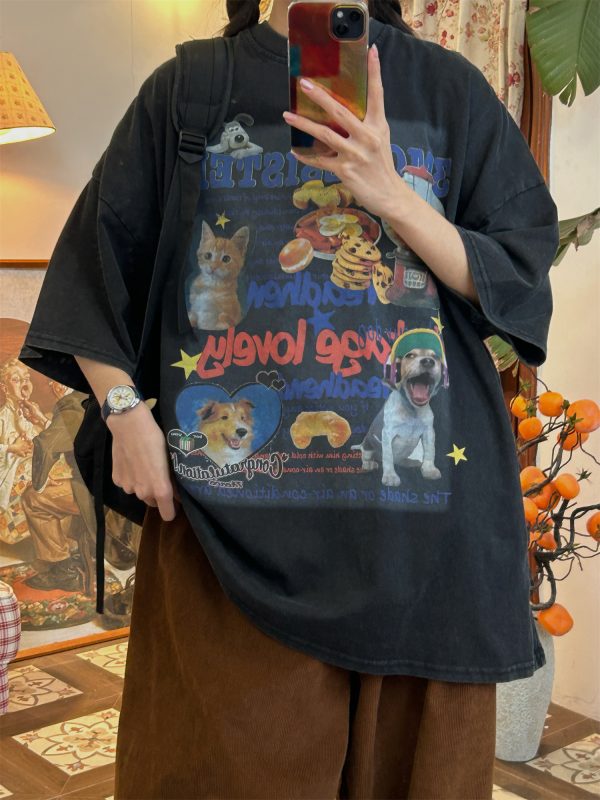 Vintage Cartoon Cat and Dog Print Half Sleeve T-Shirt for Women, Washed Distressed Loose Style, 90s Inspired Casual Top