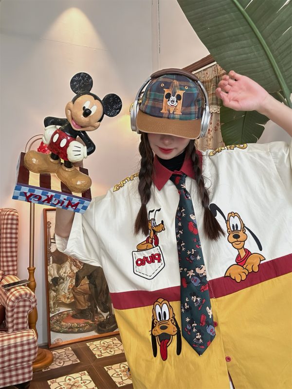 Vintage Cartoon Embroidered Patchwork Short Sleeve Shirt - Fun Pluto Design, Loose Fit, Retro Style for 90s and Y2K Fashion Lovers