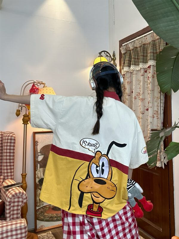 Vintage Cartoon Embroidered Patchwork Short Sleeve Shirt - Fun Pluto Design, Loose Fit, Retro Style for 90s and Y2K Fashion Lovers