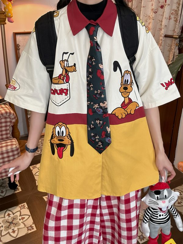 Vintage Cartoon Embroidered Patchwork Short Sleeve Shirt - Fun Pluto Design, Loose Fit, Retro Style for 90s and Y2K Fashion Lovers