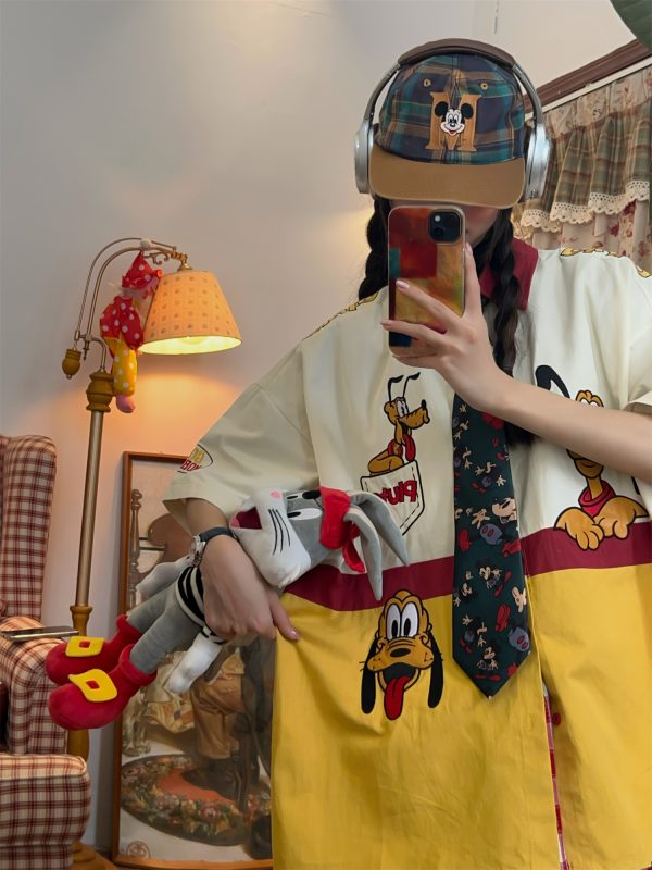Vintage Cartoon Embroidered Patchwork Short Sleeve Shirt - Fun Pluto Design, Loose Fit, Retro Style for 90s and Y2K Fashion Lovers