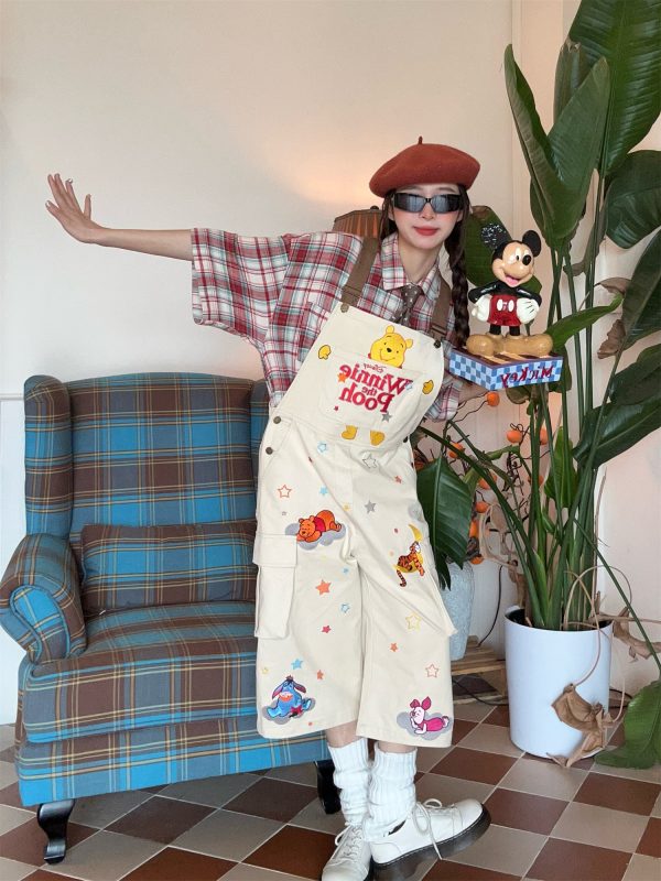 Vintage Cartoon Embroidered Work Overalls - Retro Heavy-Duty Cropped Pants for Couples - Unisex Casual Style