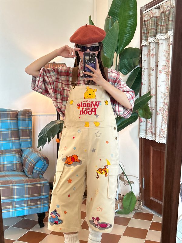 Vintage Cartoon Embroidered Work Overalls - Retro Heavy-Duty Cropped Pants for Couples - Unisex Casual Style