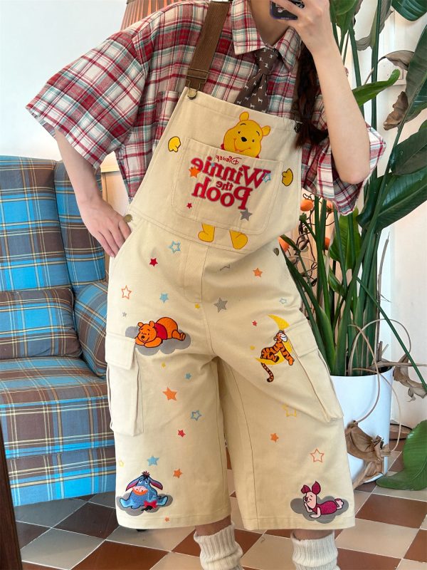 Vintage Cartoon Embroidered Work Overalls - Retro Heavy-Duty Cropped Pants for Couples - Unisex Casual Style