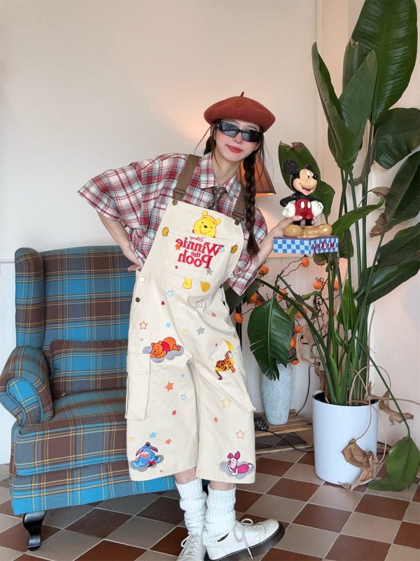Vintage Cartoon Embroidered Work Overalls - Retro Heavy-Duty Cropped Pants for Couples - Unisex Casual Style